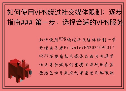 如何使用VPN绕过社交媒体限制：逐步指南### 第一步：选择合适的VPN服务首先，你需要选择一
